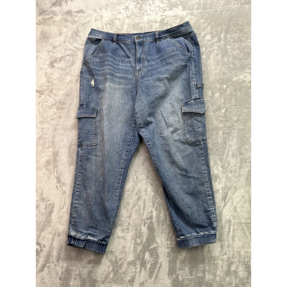 New York & Co Jean Womens Plus Sz 20 Blue Jogger Carpenter Cargo Whiskered Fade